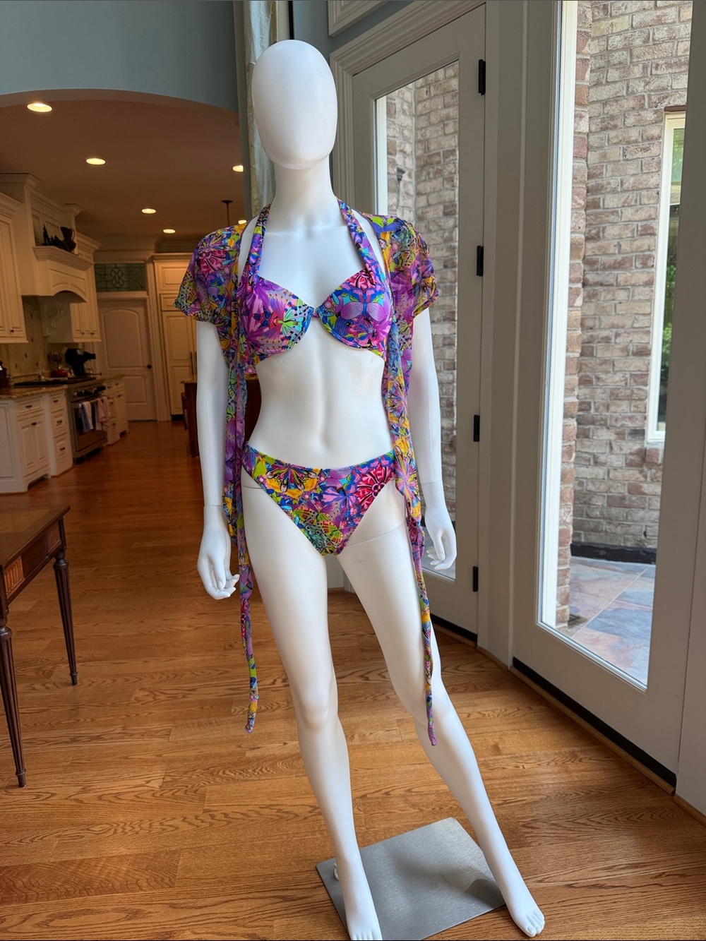 Van Leve France 3 piece Vibrant Floral/butterfly Purple Bikini Set with Cover-Up
